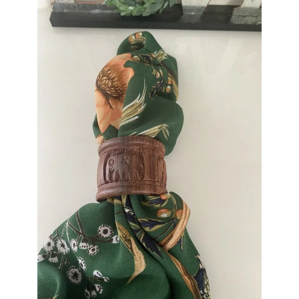 Vintage Elephant Retro Boho Hand Carved Wood Napkin Rings Holders India Set Of 8
